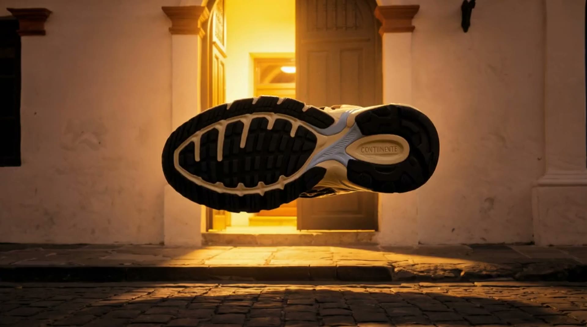 A single sneaker lit on a concrete pedestal in a dark room